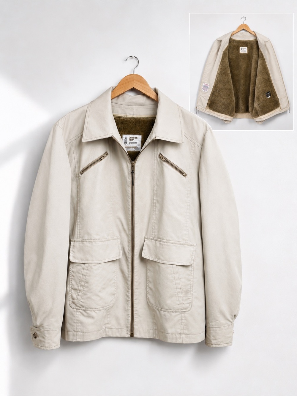 Vintage London Fog Coat Men's Size 48 Long Jacket Beige Zip-In Pile Liner Warm